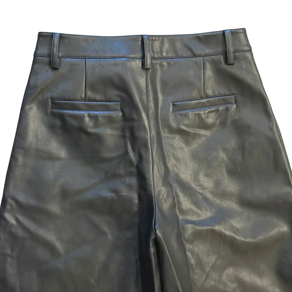 Handless Inc Black Faux Leather Wide Leg‎ Pants High Waisted Seam Detail Size L